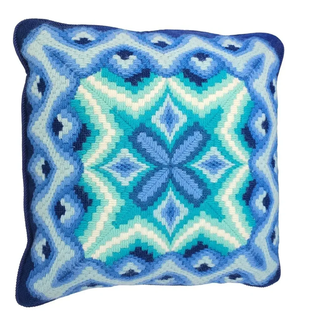 Vtg Bucilla Bargello Needlepoint Pillow Geometric Kaleidoscope 70s MCM Blue 12